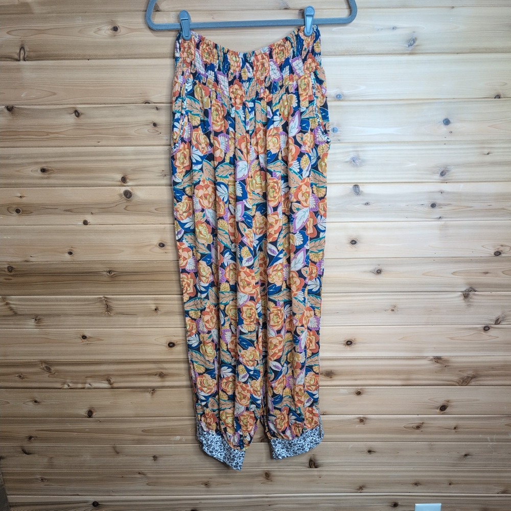 Anthropologie Floral Smocked Harem Pants Orange Blue OB1183396 Size M